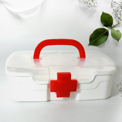 Wukusy medical storage box with transparent lid, handle, detachable tray, for indoor outdoor use, suitable for first aid and medicine storage.