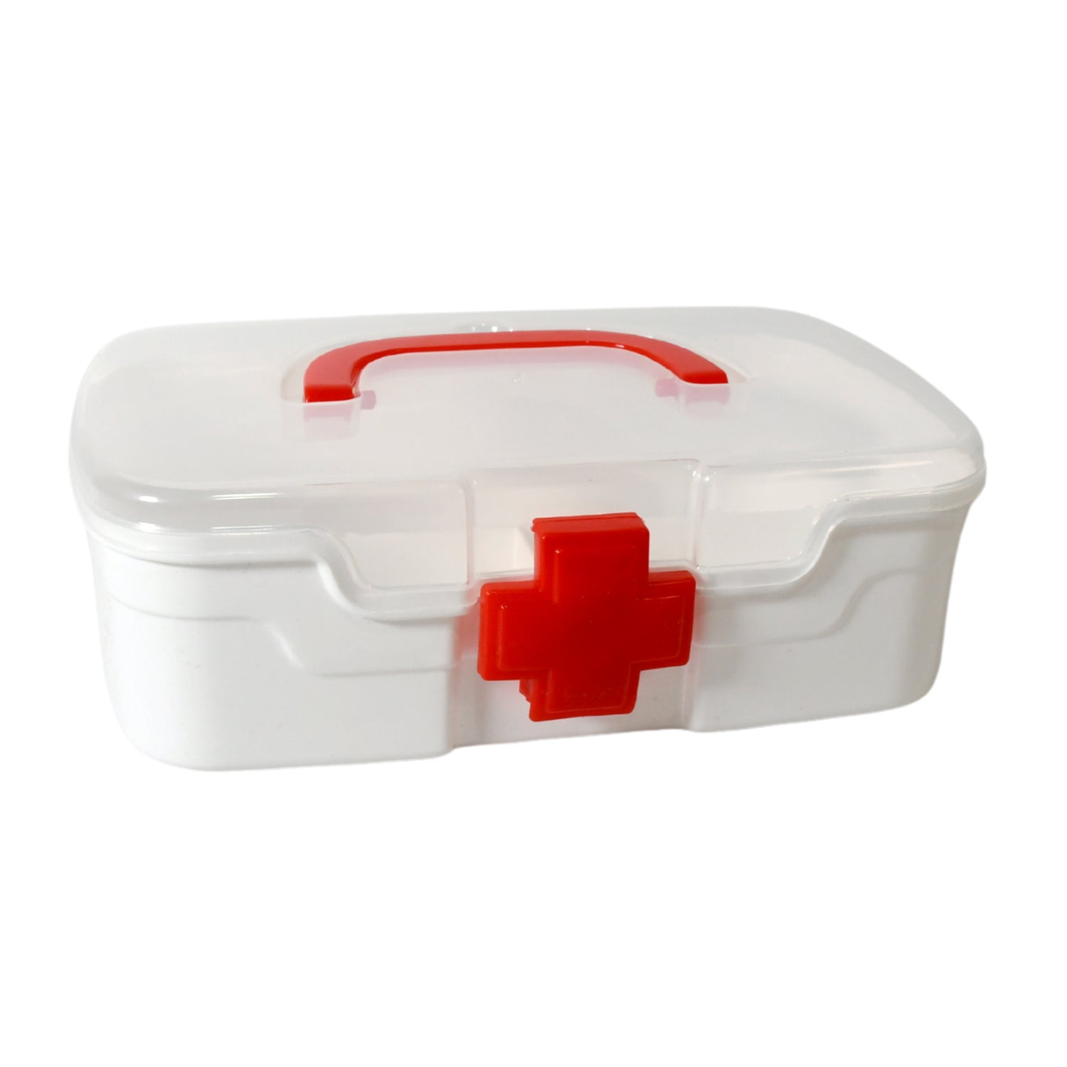 Wukusy medical box with transparent lid, detachable tray, handle, for indoor outdoor medicine storage and first aid organization.