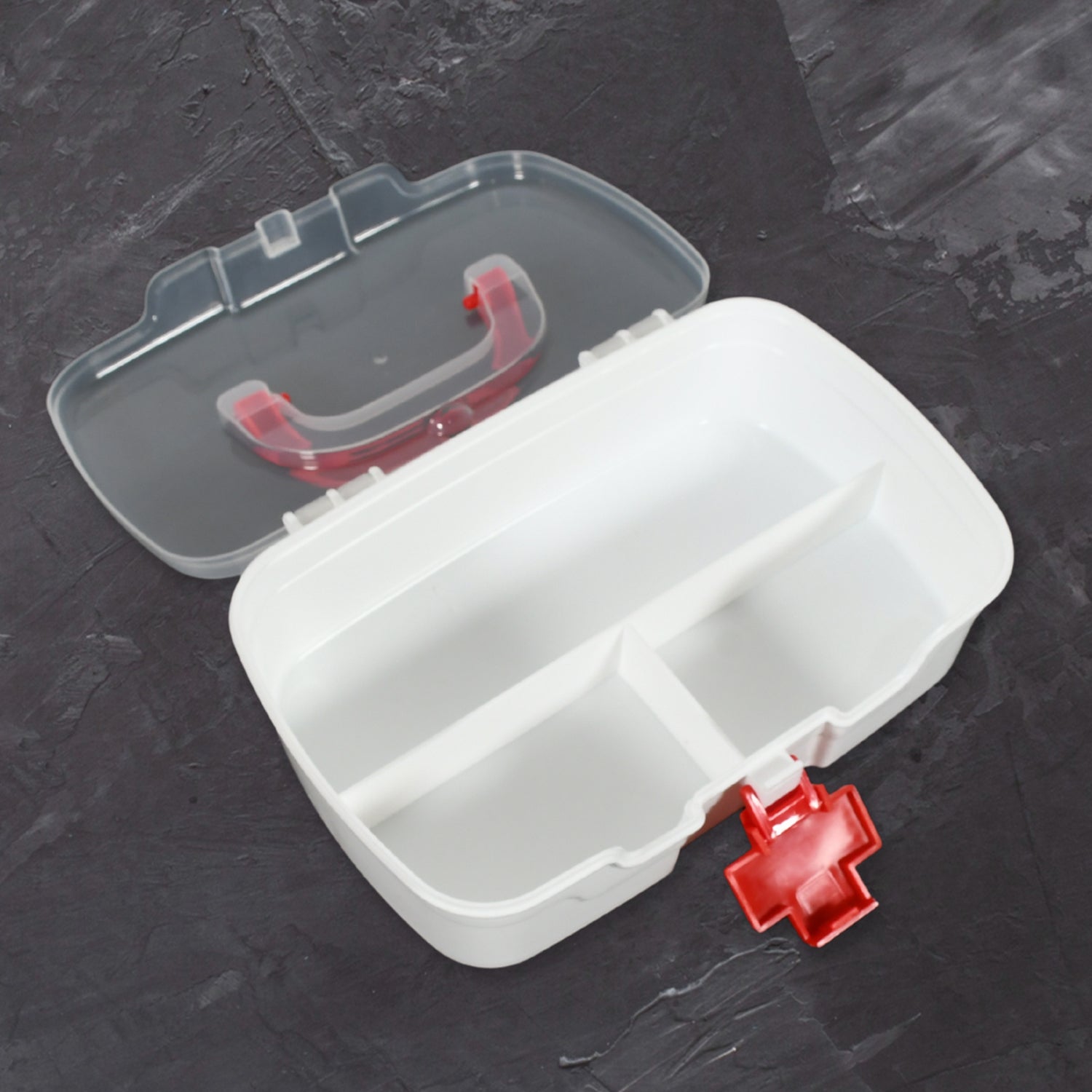 Wukusy medical storage box with transparent lid, handle, detachable tray, for indoor outdoor use, holds medicine and first aid supplies.