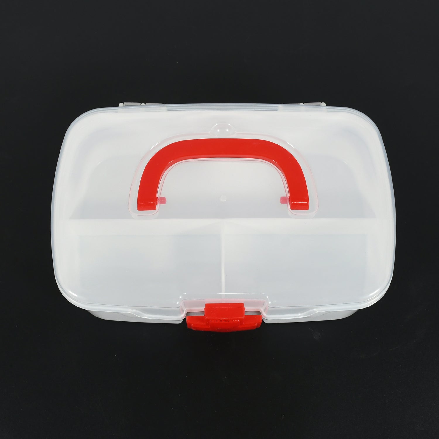 Wukusy medical storage box with transparent lid, detachable tray, handle, and multiple compartments for first aid and medicine organization.