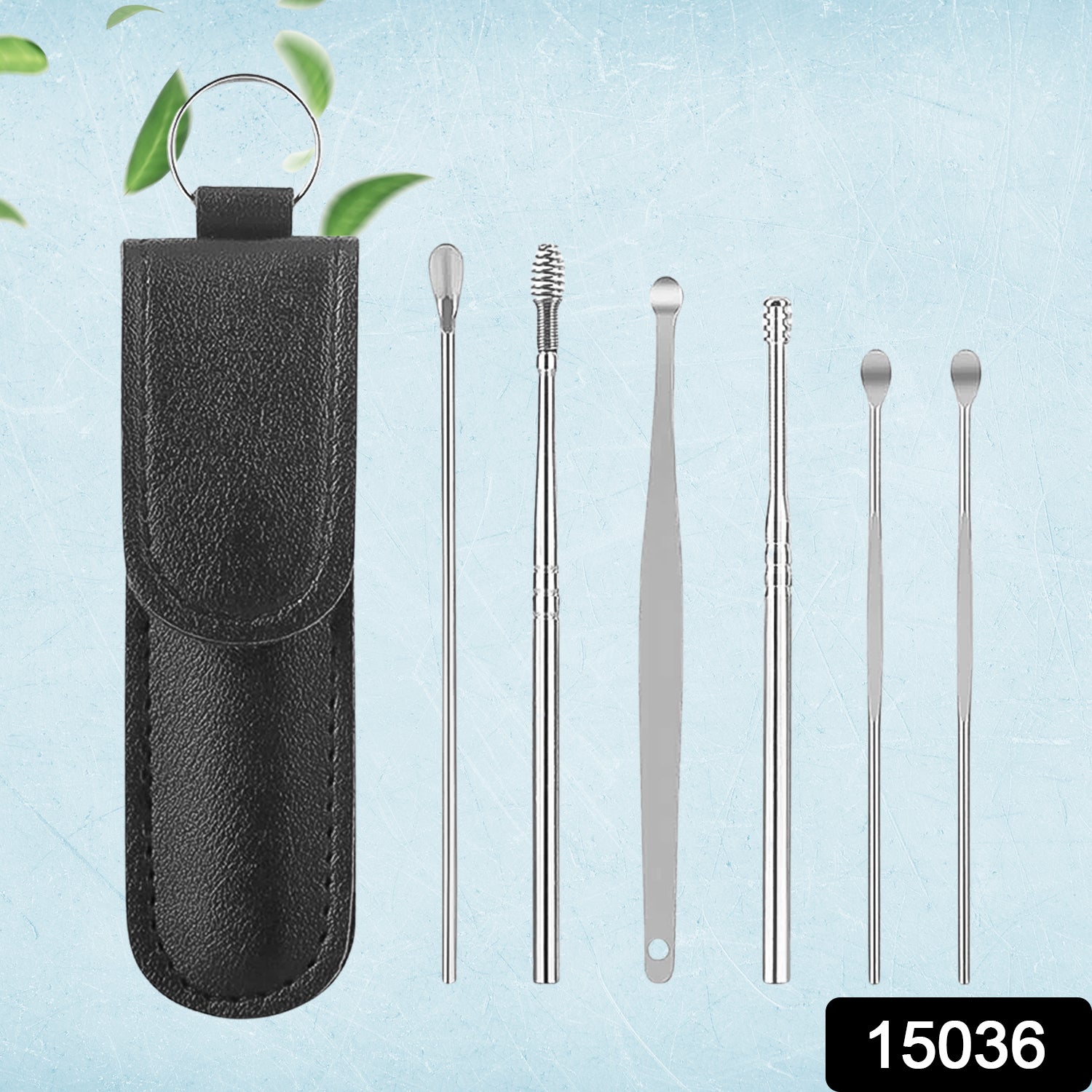 Wukusy 6-in-1 reusable ear wax cleaner set with various tools in a leather pouch, designed for safe ear cleaning and hygiene.