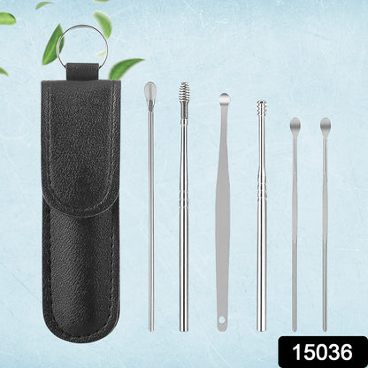Wukusy 6-in-1 reusable ear wax cleaner set with various tools in a leather pouch, designed for safe ear cleaning and hygiene.