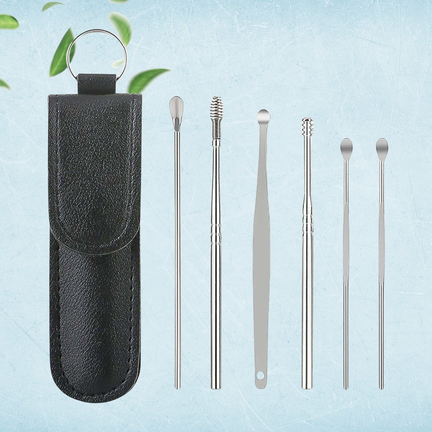Wukusy 6-in-1 reusable ear wax cleaner tools with leather pouch, health care device for safe ear cleaning.