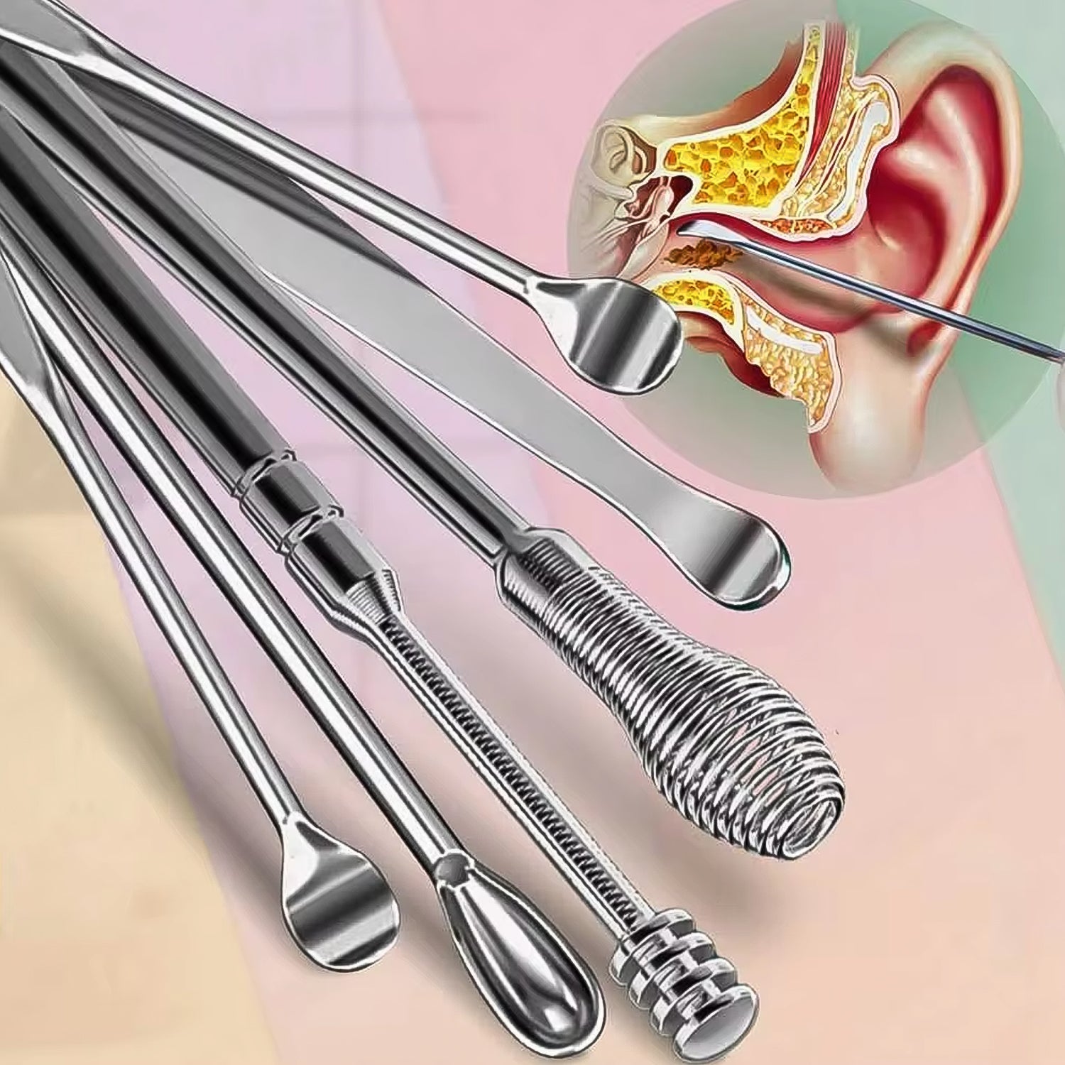 Wukusy 6-in-1 ear wax cleaner set with reusable ear cleaning tools and leather pouch for health care and ear hygiene.