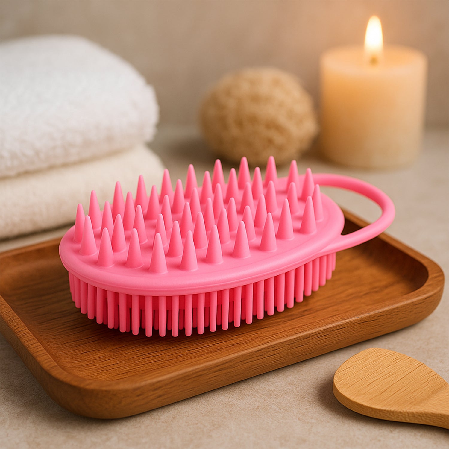 Wukusy 2-in-1 silicone soft bristle bath brush, health care product with ergonomic handle and gentle cleansing surface.