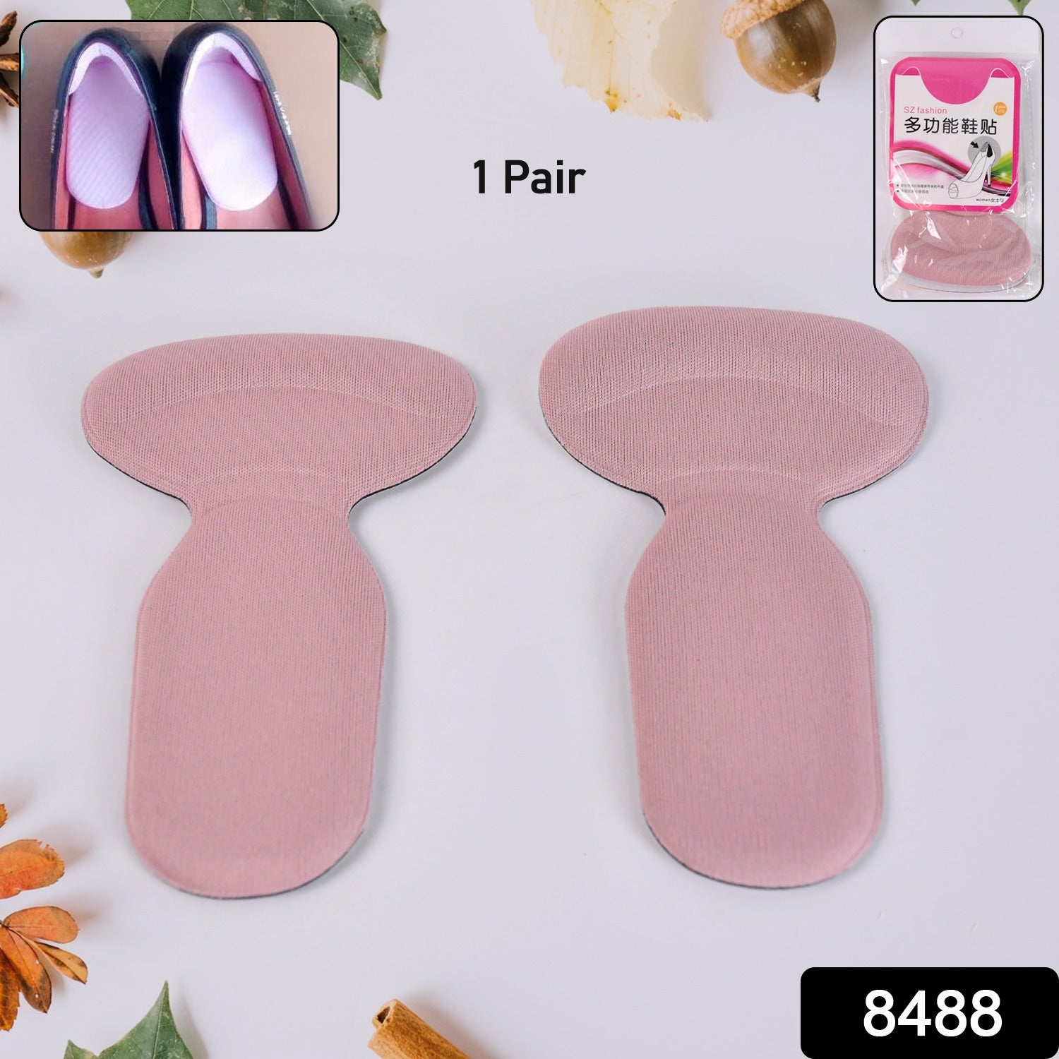 Pair of Wukusy 2-in-1 T-shaped silicone self-adhesive shoe heel pads and insoles for comfort and heel support.