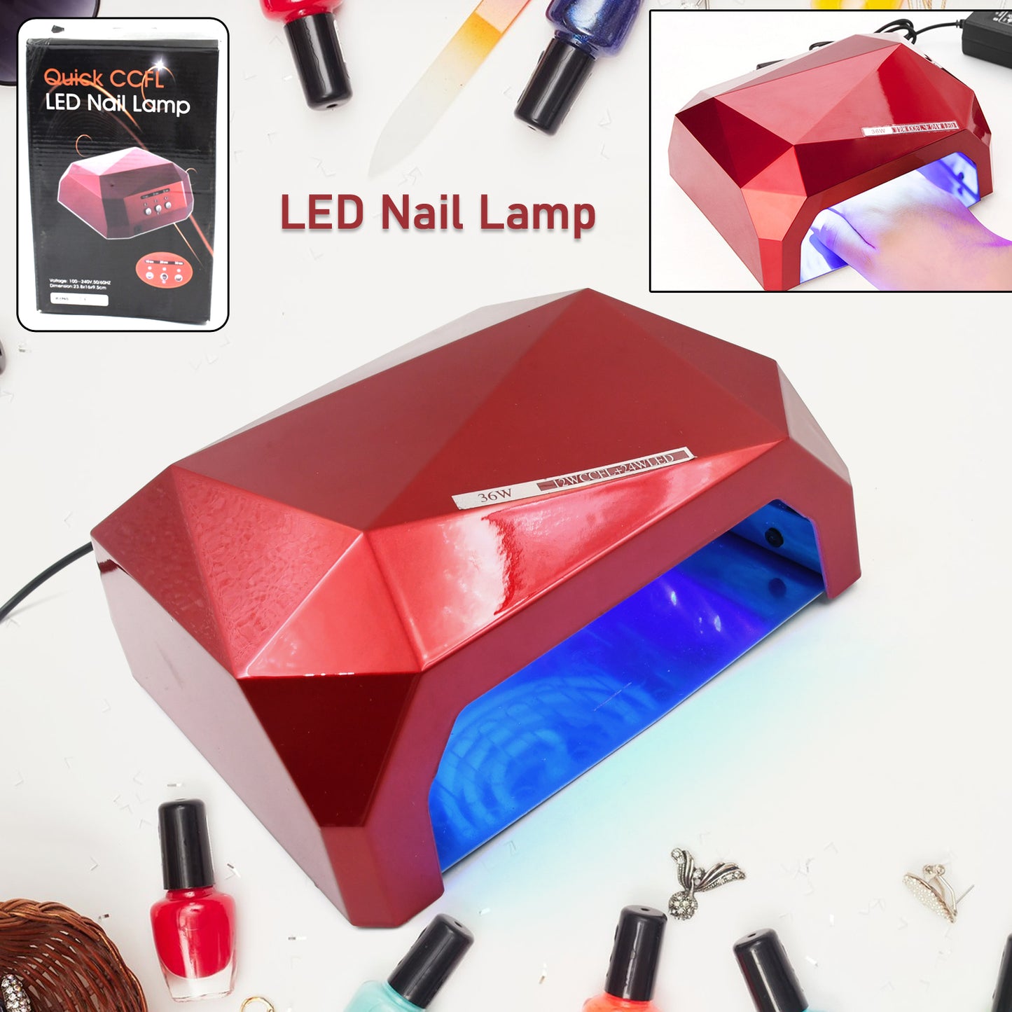 Diamond-shaped 36W LED nail dryer by Wukusy for curing UV gel and nail polish, compact and efficient for professional use.