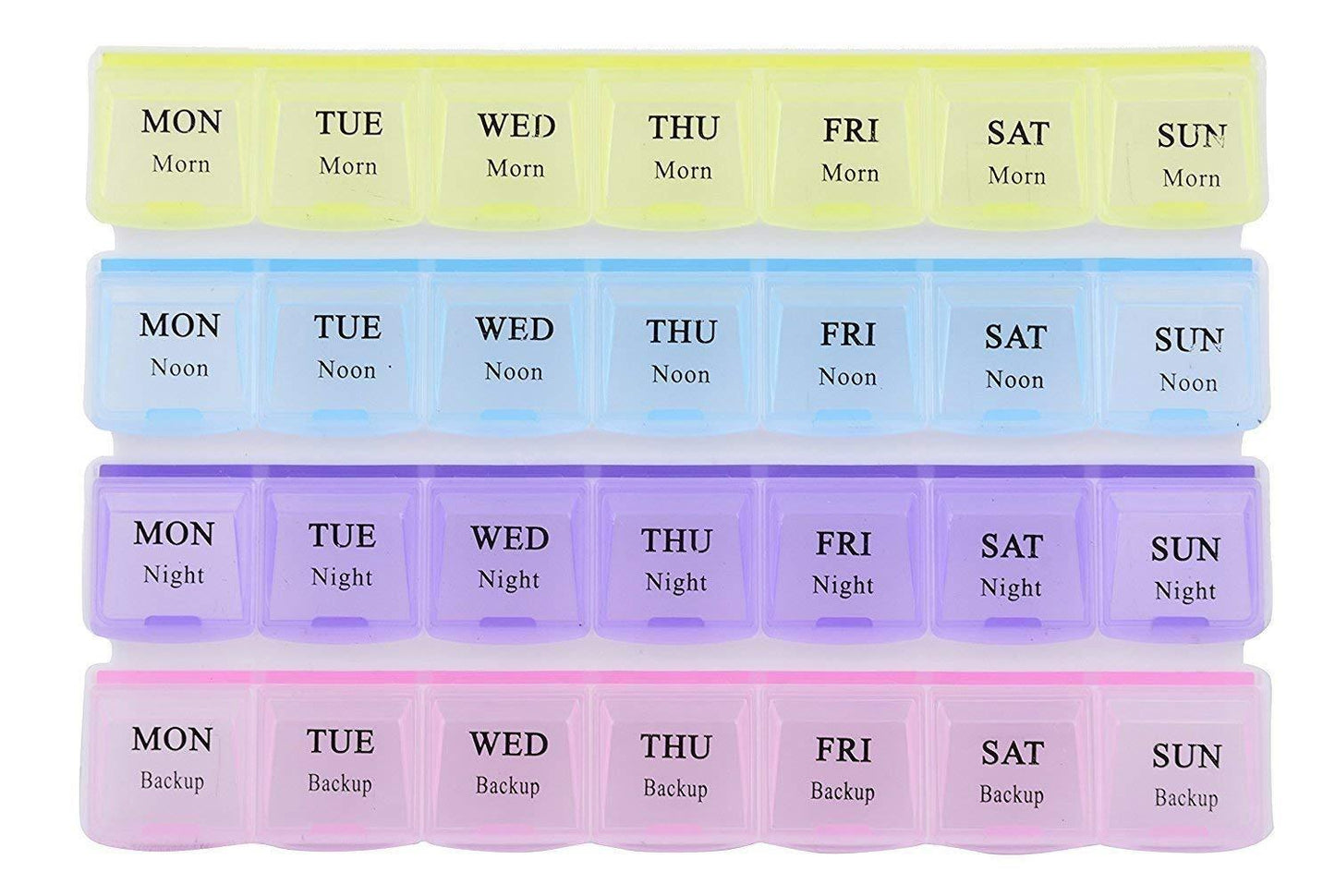 Wukusy 383 pill case with 4 rows, 28 squares, weekly organizer for tablets and medication storage.