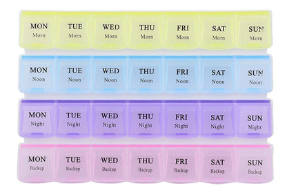 Wukusy 383 pill case with 4 rows, 28 squares, weekly organizer for tablets and medication storage.