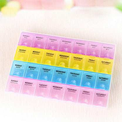 Wukusy 383 pill case with 4-row, 28-square weekly medication organizer for daily tablet storage and health care management
