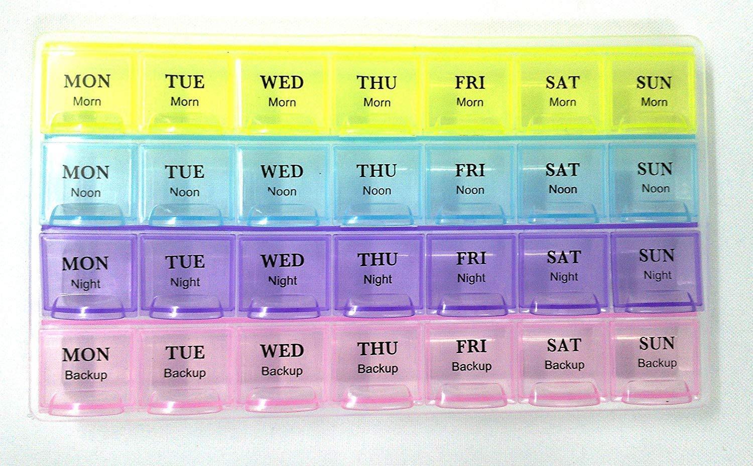 Wukusy 383 pill case with 4-row, 28-square weekly organizer for tablets and medicine storage, featuring 7-day daily compartments.