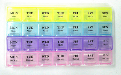 Wukusy 383 pill case with 4-row, 28-square weekly organizer for tablets and medicine storage, featuring 7-day daily compartments.