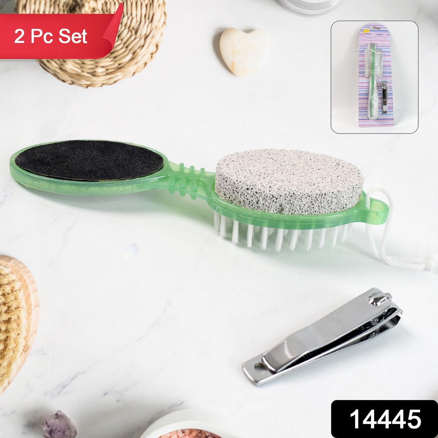 Wukusy 5-in-1 pedicure tool with foot scrubber, foot file, nail cutter, and brush for foot care and grooming.