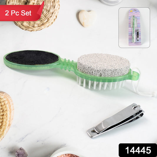 Wukusy 5-in-1 pedicure tool with foot scrubber, foot file, nail cutter, and brush for foot care and grooming.