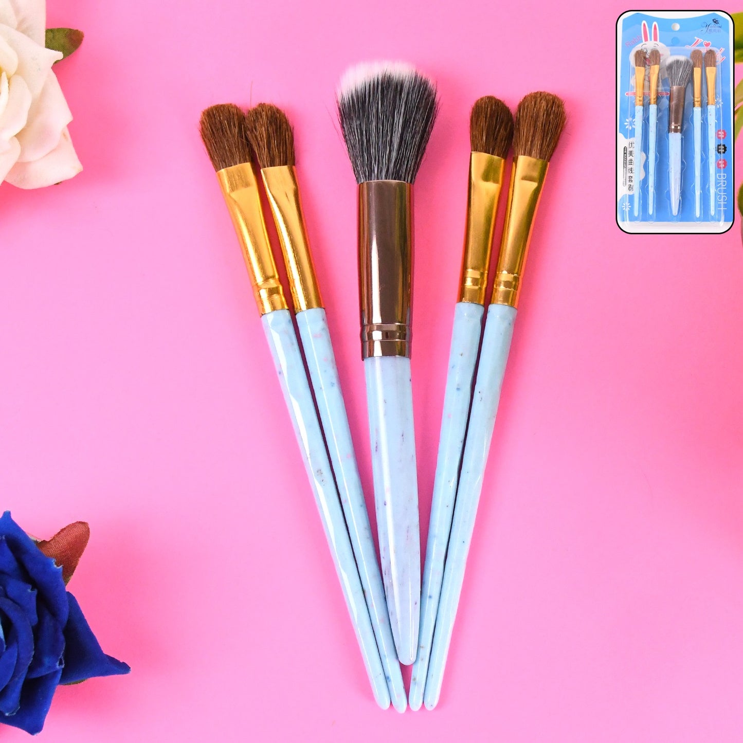 Wukusy 5-piece makeup brush tools kit with mixed color handles, including foundation, blush, and eyeshadow brushes.