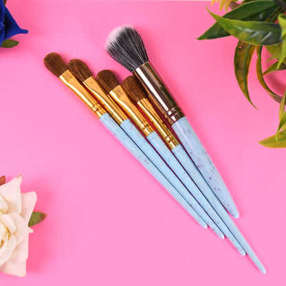 Wukusy 5-piece makeup brush tools kit with mixed color handles, including various brushes for face and eye makeup application.