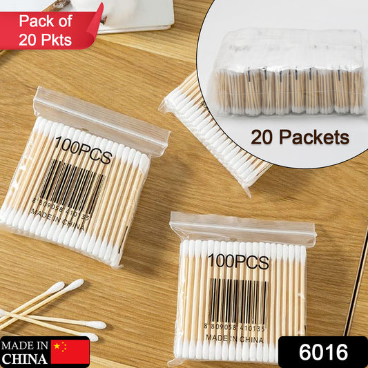 Wukusy bamboo cotton swabs with wooden handles, double-head for makeup, ear cleaning, and wound care, eco-friendly pack of 20.
