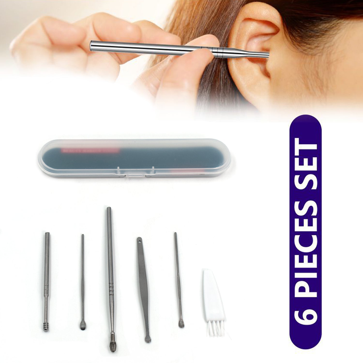 Wukusy 6-piece earwax removal kit with ear curettes and cleansing tools for safe ear hygiene and wax removal.