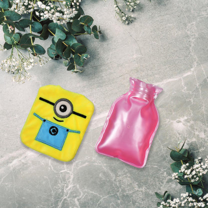 Wukusy Minions small hot water bag with cover, designed for pain relief, neck, shoulder, hand, feet warmth, and menstrual cramps.