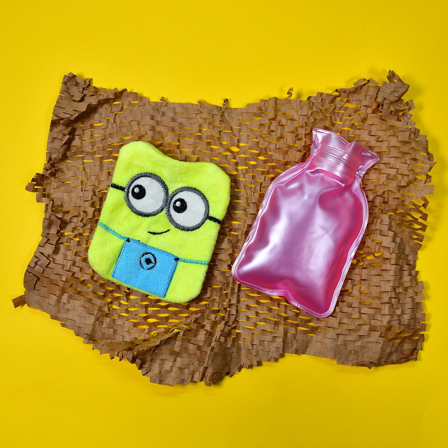 Wukusy 6507 2-eye Minions small hot water bag with cover for pain relief, neck, shoulder, hand, feet warmth, and menstrual cramps.