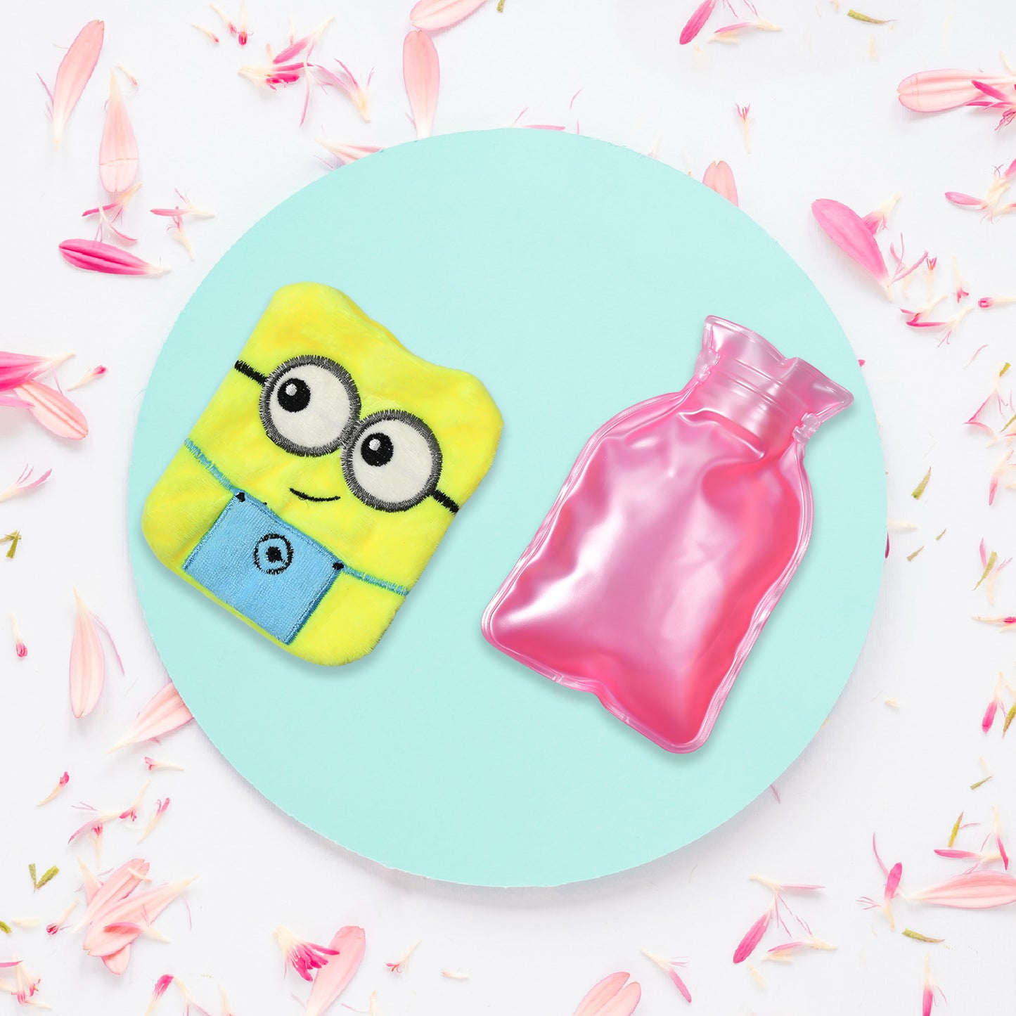 Wukusy 6507 2-eye Minions small hot water bag with cover for pain relief, neck, shoulder, hand, foot warmth, and menstrual cramps.