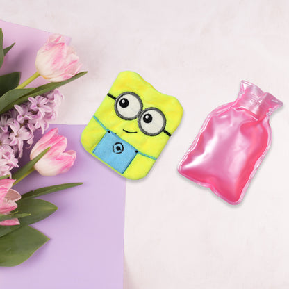 Wukusy 6507 2-eye Minions small hot water bag with cover, used for pain relief, neck, shoulder, hand, feet warmth, and menstrual cramps.