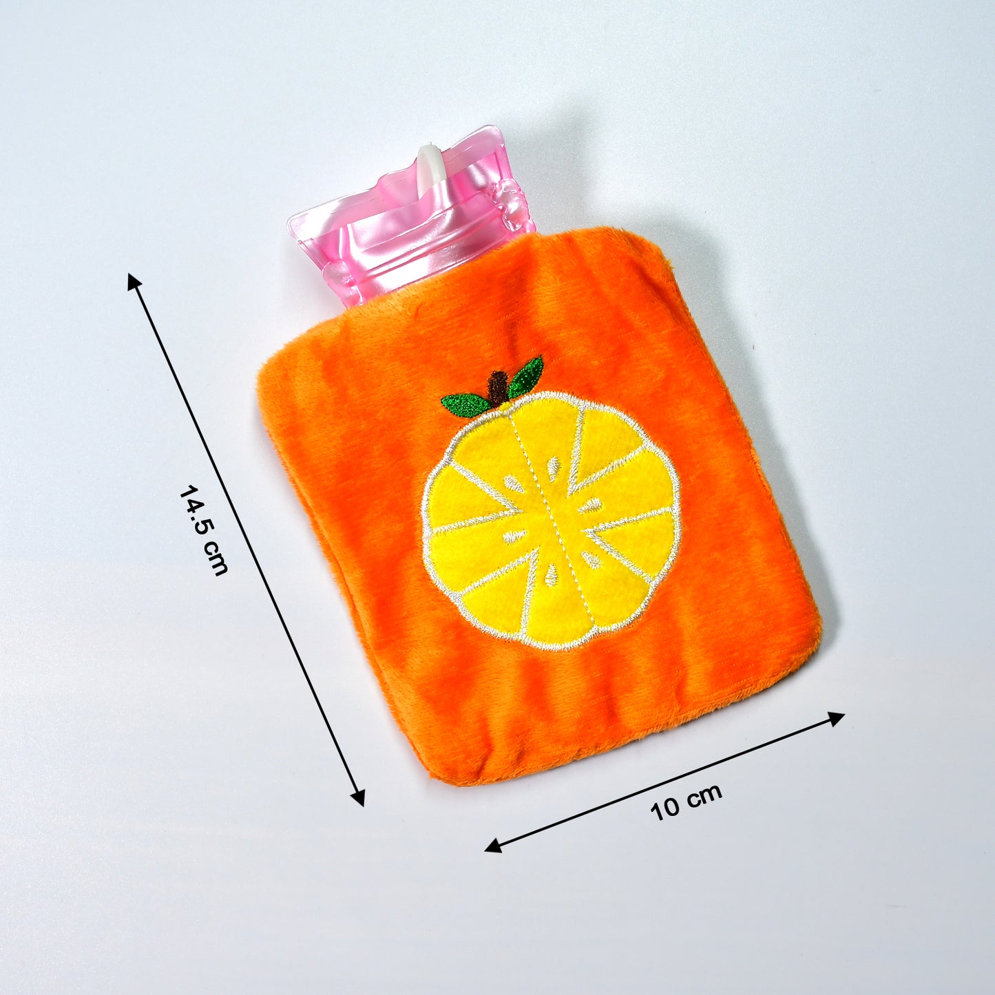 Small orange Wukusy hot water bag with cover for pain relief, neck, shoulder, hand, feet warmer, and menstrual cramp comfort.