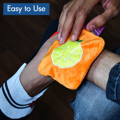 Orange small Wukusy hot water bag with cover for pain relief, neck, shoulder, hand, foot warmer, and menstrual cramp relief.