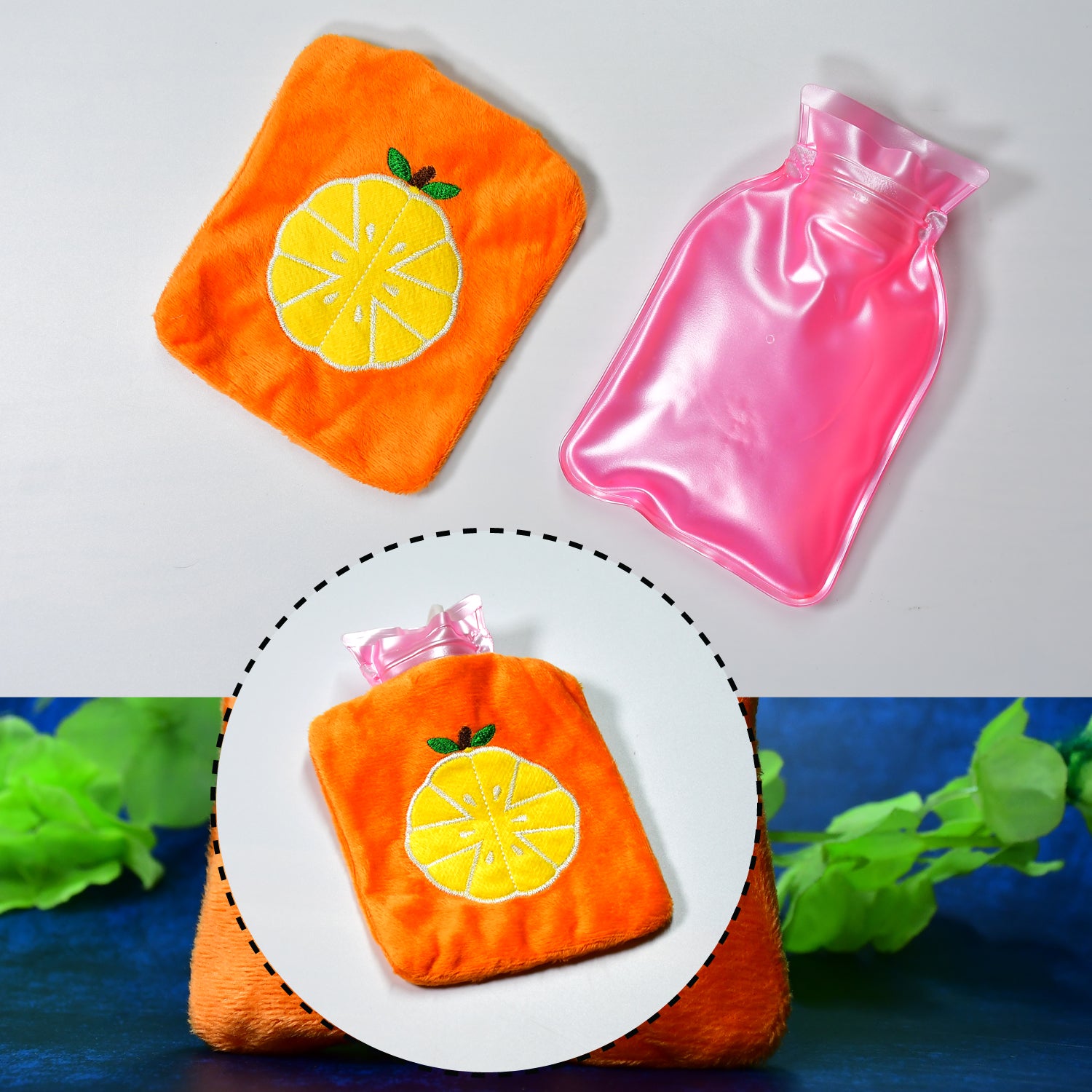 Wukusy orange small hot water bag with cover for pain relief, neck, shoulder, hand, foot warmth, and menstrual cramps.