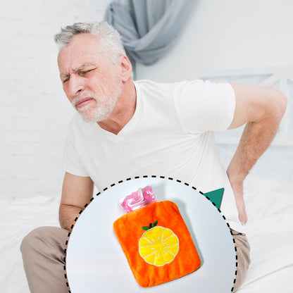 Orange Wukusy small hot water bag with cover for pain relief, neck, shoulder, hand, feet warmer, and menstrual cramp relief.