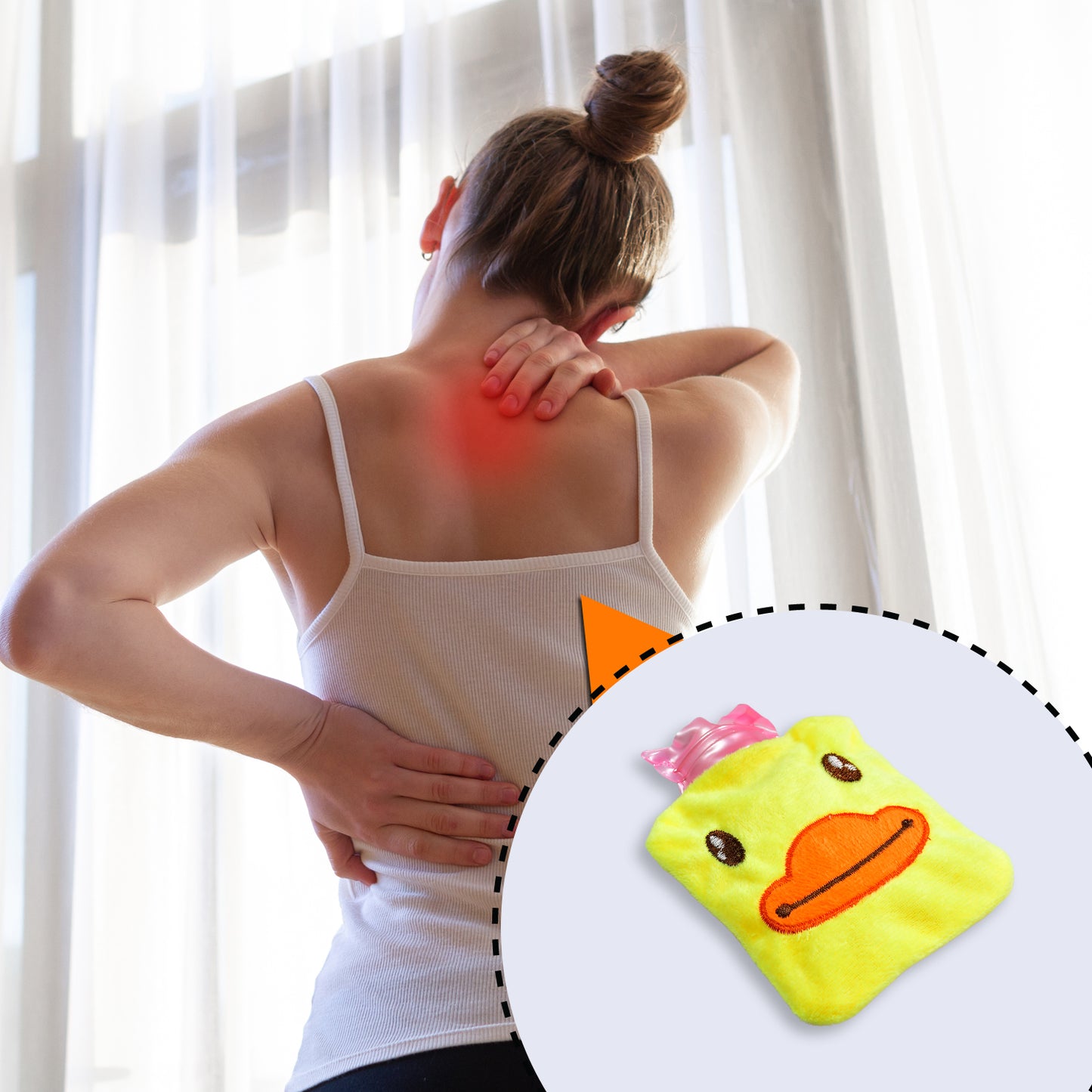 Yellow duck-shaped Wukusy small hot water bag with cover for pain relief, neck, shoulder, hand, foot warmth, and menstrual cramps.