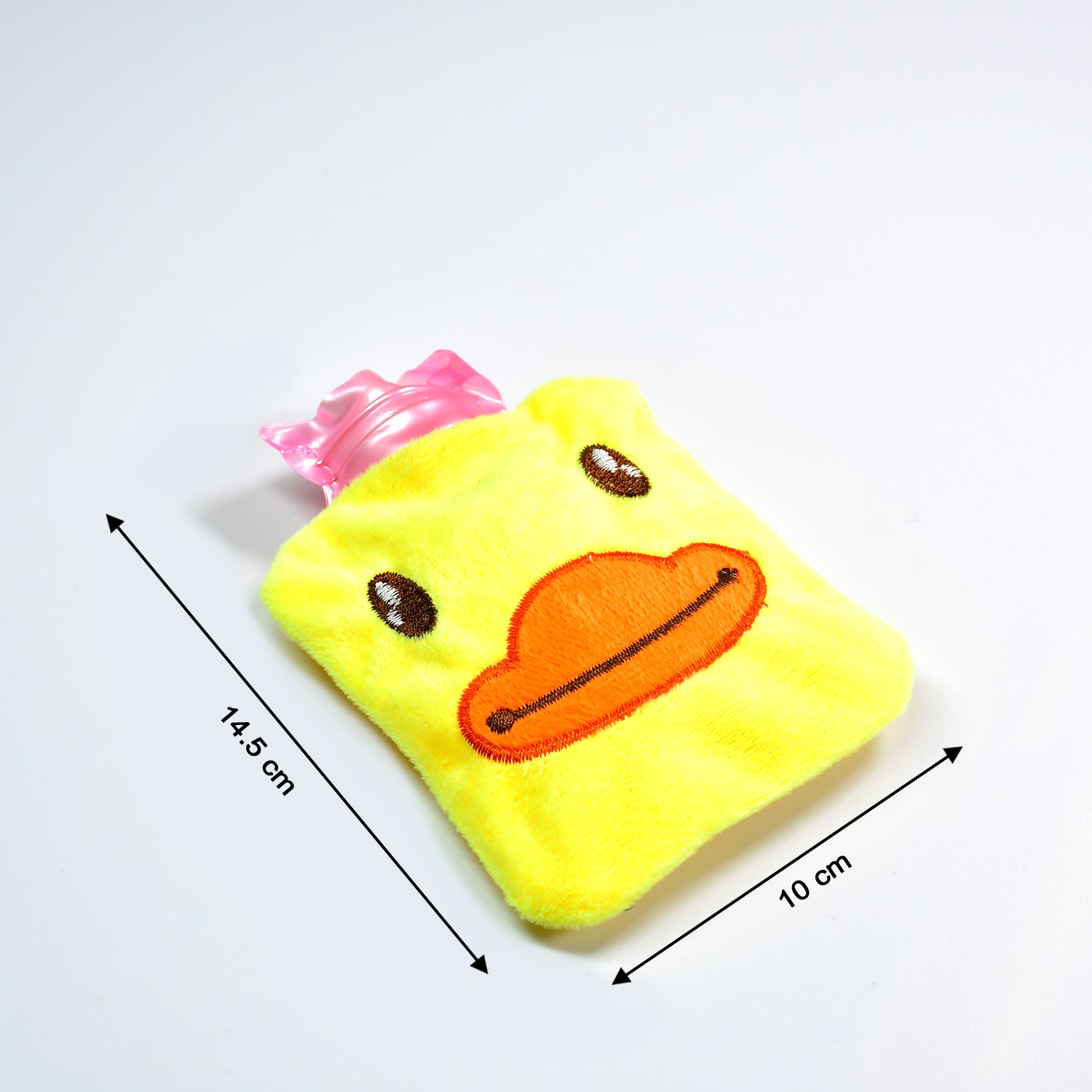 Yellow duck-shaped hot water bag with cover by Wukusy, designed for pain relief, warmth, and menstrual cramp relief.