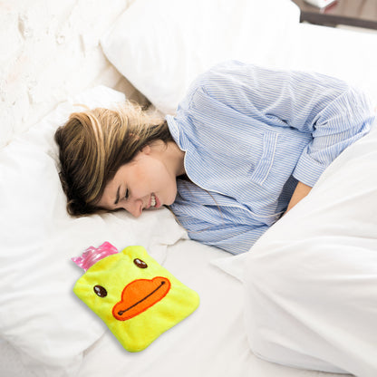 Yellow duck-shaped Wukusy small hot water bag with cover, used for pain relief, neck, shoulder, hand, foot warmth, and menstrual cramps.