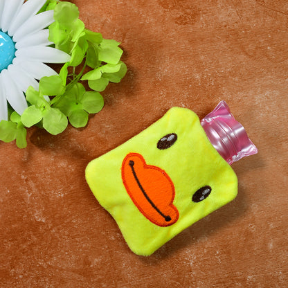 Yellow duck-shaped hot water bag with cover, ideal for pain relief, neck, shoulder, hand, feet warming, and menstrual cramps by Wukusy.