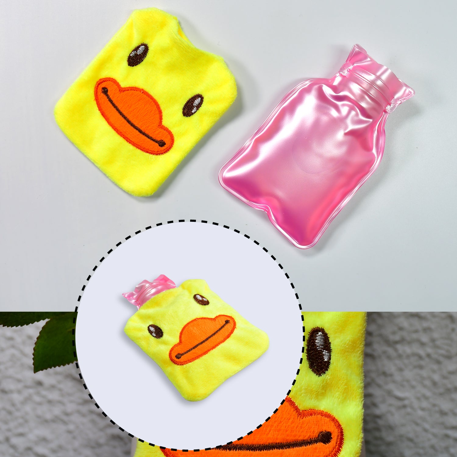 Wukusy yellow duck hot water bag with cover, designed for pain relief, neck and shoulder warmth, and menstrual cramps.