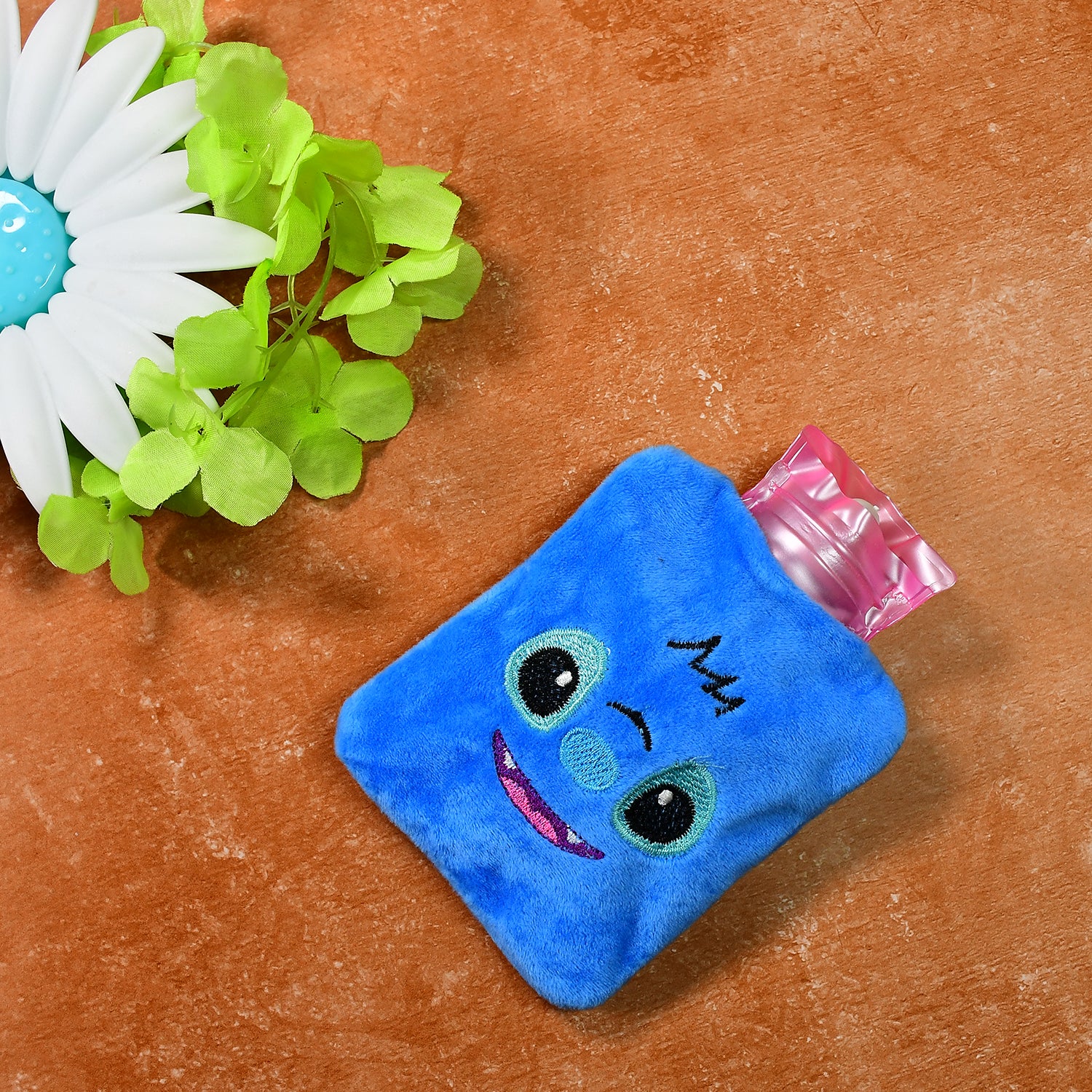 Blue Stitch Small Hot Water Bag with cover by Wukusy, used for pain relief, neck, shoulder, hand, foot warmth, and menstrual cramps.