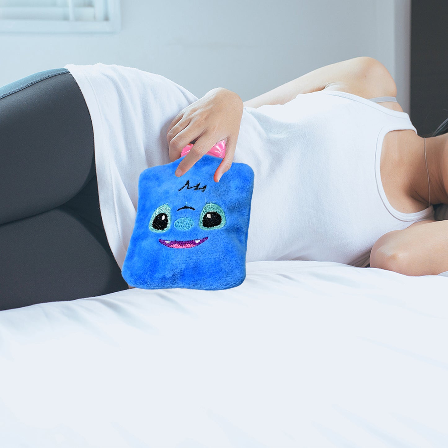 Blue Stitch Small Hot Water Bag with cover by Wukusy for pain relief, neck, shoulder, hand, feet warmer, and menstrual cramps.