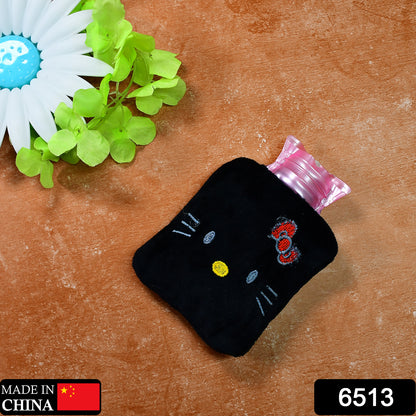 Black Hello Kitty small hot water bag with cover from Wukusy, designed for pain relief and warming neck, shoulders, hands, and feet.