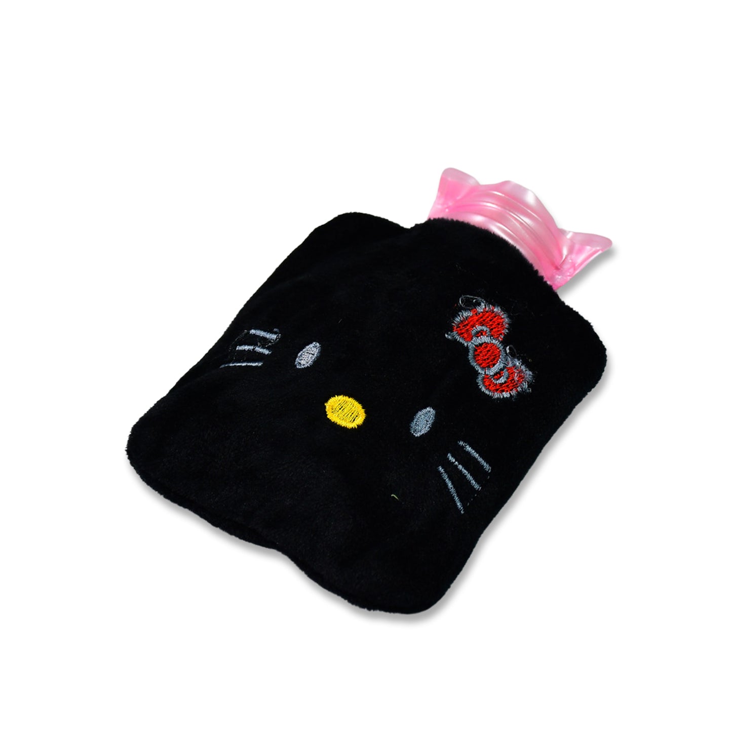 Black Hello Kitty small hot water bag with cover by Wukusy, used for pain relief, warmth, and menstrual cramps.