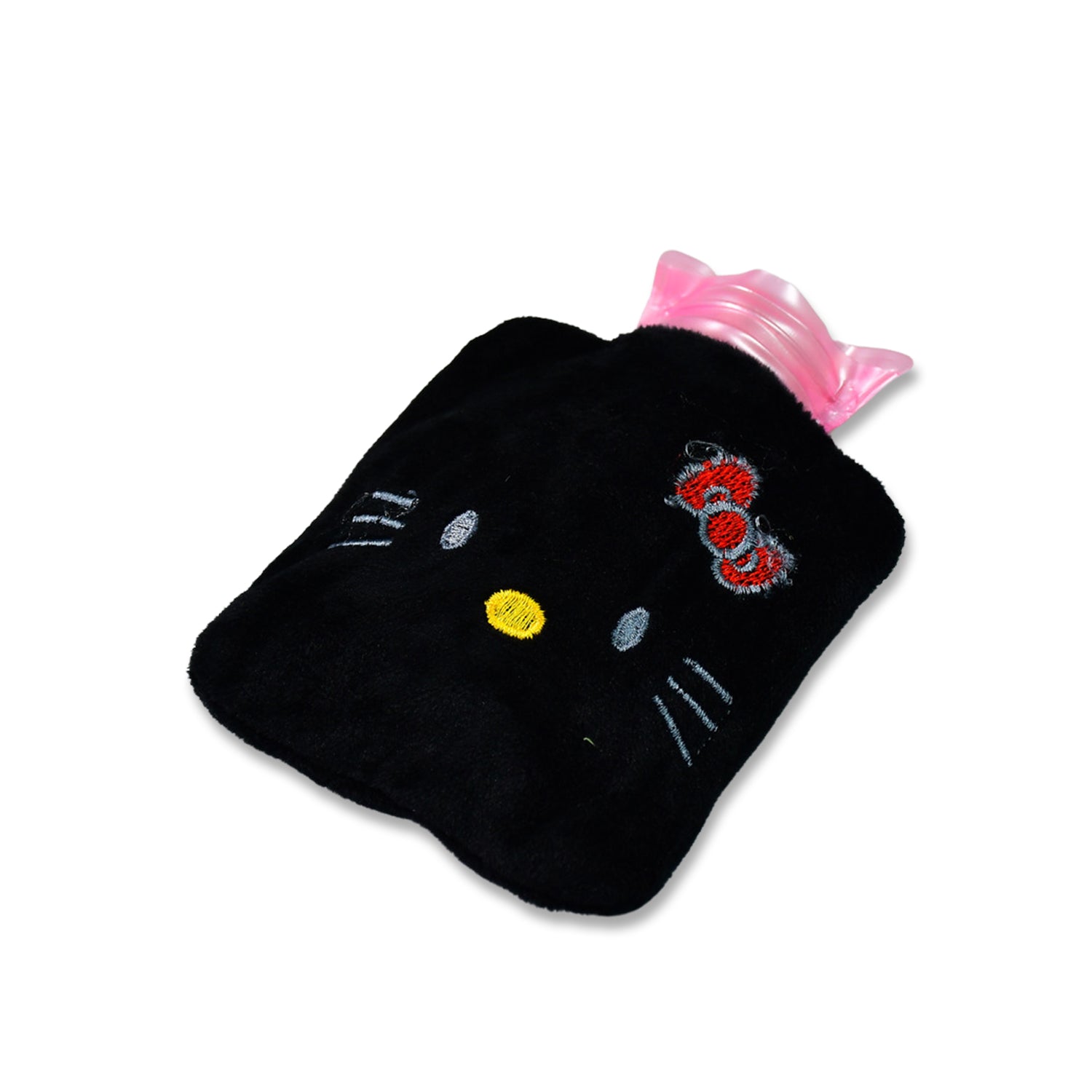 Black Hello Kitty small hot water bag with cover by Wukusy, used for pain relief, warmth, and menstrual cramps.