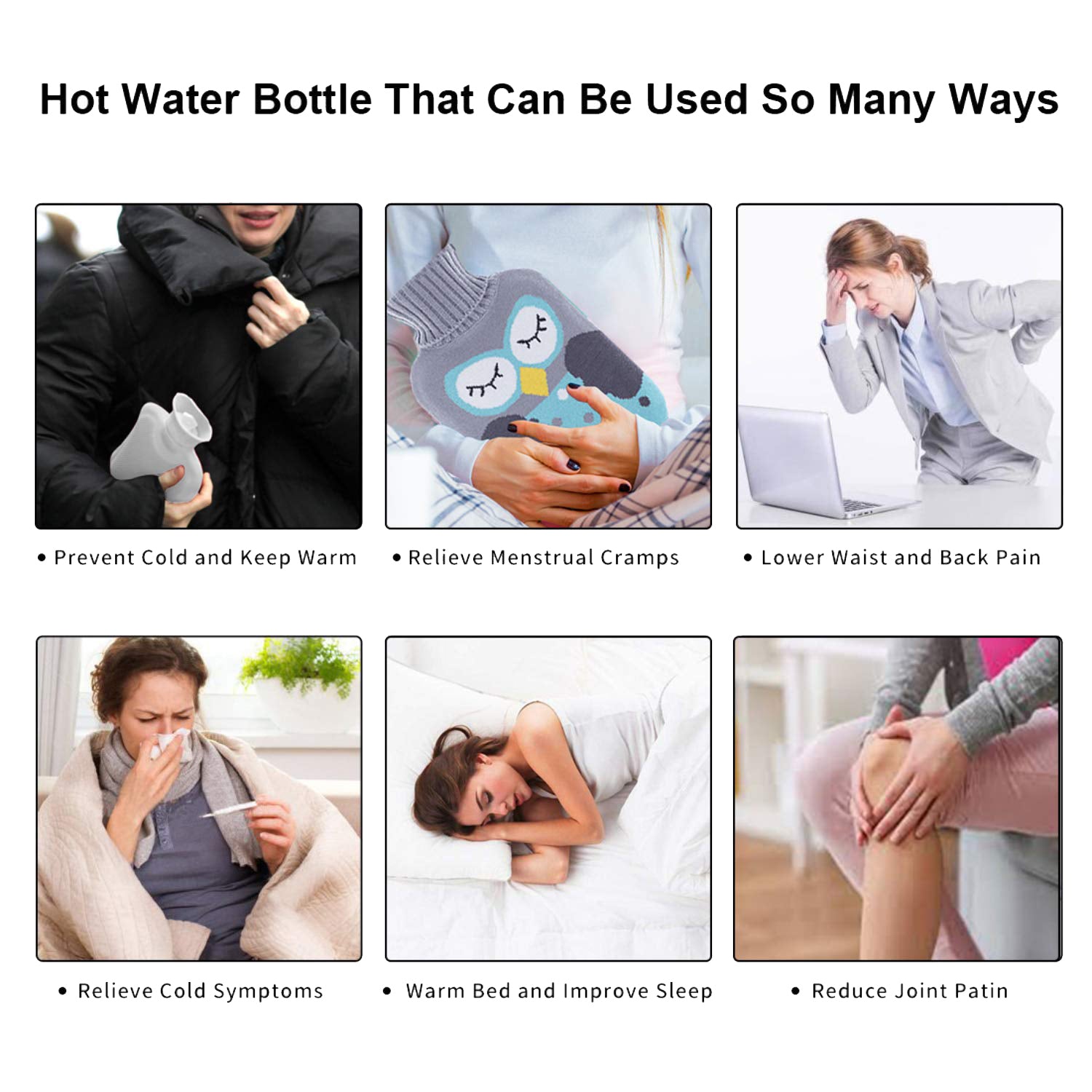 Black Hello Kitty hot water bag with cover from Wukusy, designed for pain relief, warmth, and menstrual cramp comfort.