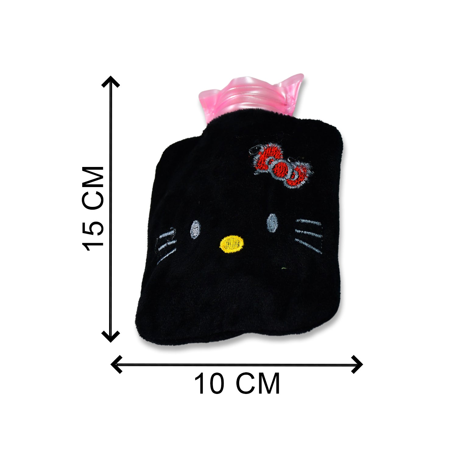 Black Hello Kitty small hot water bag with cover by Wukusy, for pain relief, neck, shoulder, hand, foot warmth, and menstrual cramps.