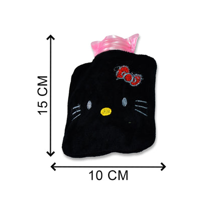 Black Hello Kitty small hot water bag with cover by Wukusy, for pain relief, neck, shoulder, hand, foot warmth, and menstrual cramps.
