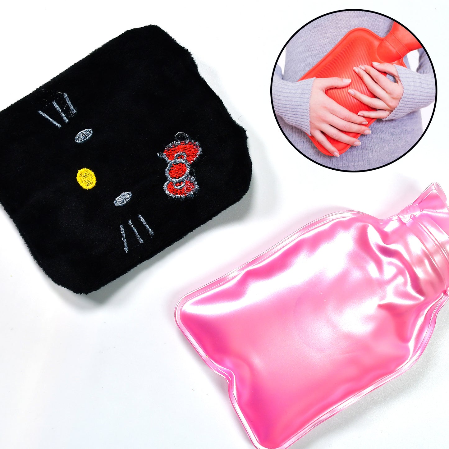 Black Hello Kitty small hot water bag with cover from Wukusy, used for pain relief, neck, shoulder, and menstrual cramps.