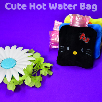 Black Hello Kitty small hot water bag with cover by Wukusy, used for pain relief, neck, shoulder, or menstrual cramps.