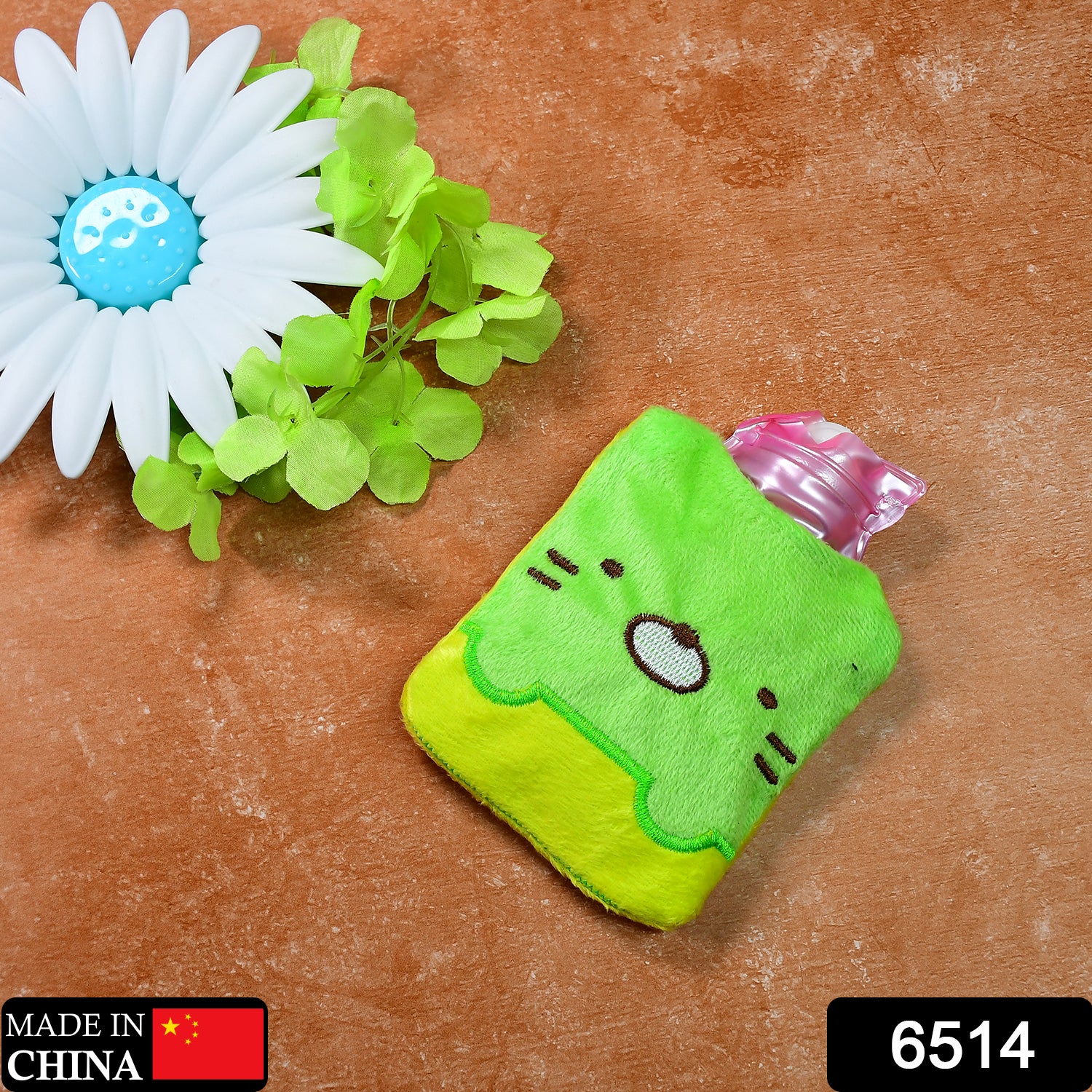 Green Kitty Wukusy small hot water bag with cover for pain relief, neck, shoulder, hand, feet warmth, and menstrual cramps.