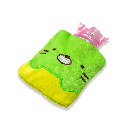 Green Wukusy Kitty hot water bag with cover for pain relief, neck, shoulder, hand, feet warmer, and menstrual cramps.