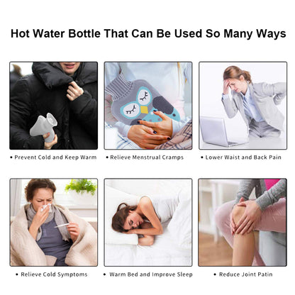 Green Wukusy Kitty hot water bag with cover, used for pain relief, neck, shoulder, hand, feet warming, and menstrual cramps.