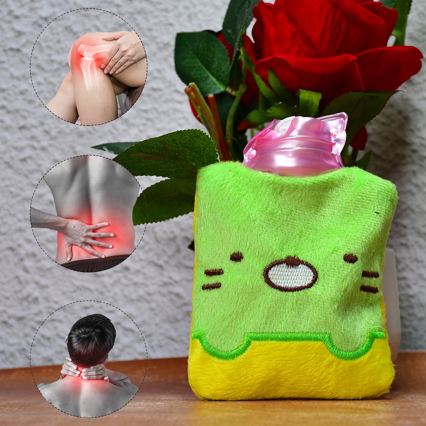 Green Kitty Wukusy small hot water bag with cover for pain relief, neck, shoulder, hand, foot warmth, and menstrual cramp relief.