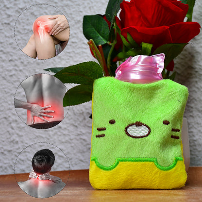 Green Kitty Wukusy small hot water bag with cover for pain relief, neck, shoulder, hand, foot warmth, and menstrual cramp relief.